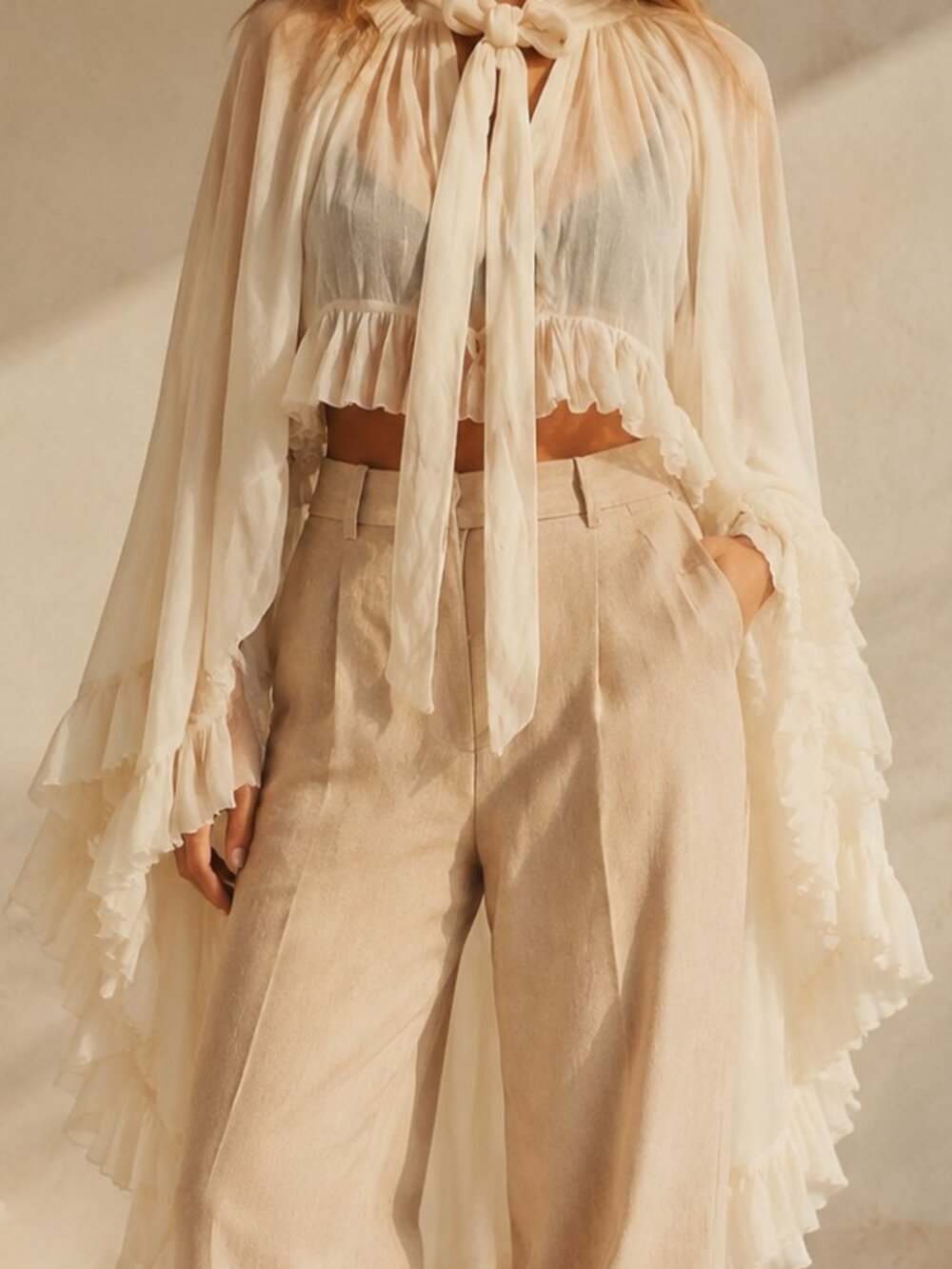 299 | Ruffled Tie Neck Flared Sleeve Asymmetrical Shirt - Cream